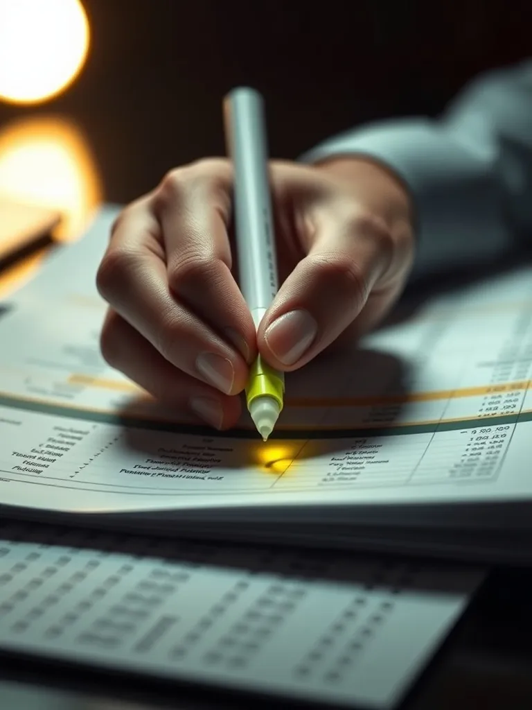 A close-up of a hand using a highlighter on a financial spre