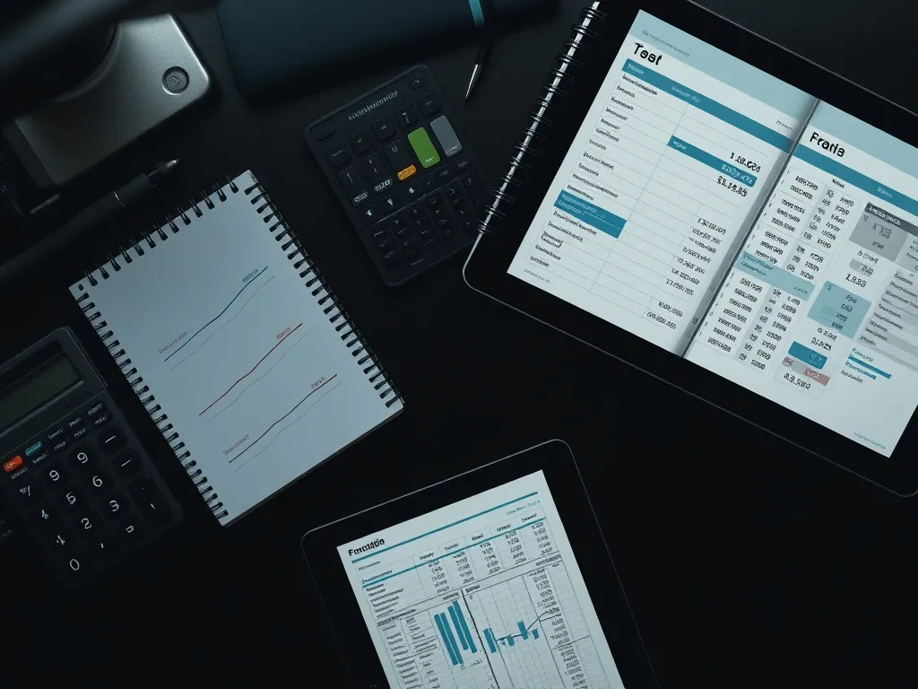 A professional organized desk with a calculator, a notebook