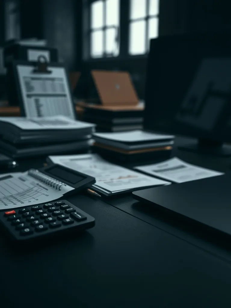 A professional organized desk with a calculator, financial d