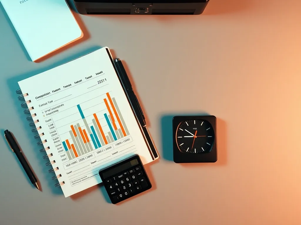 A professional minimalist workspace with a calculator, a not