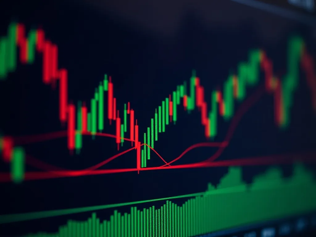 Close up of a financial chart on a dark screen with green an