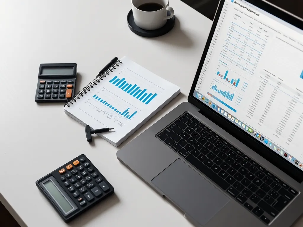 A professional clean desk with a calculator, a notebook with