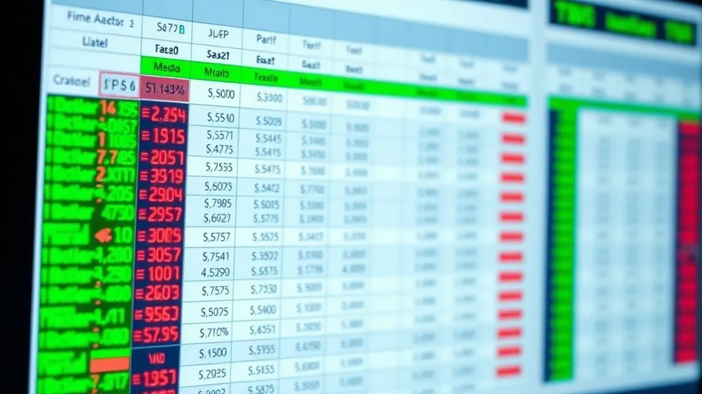A close up of a financial spreadsheet on a monitor with gree
