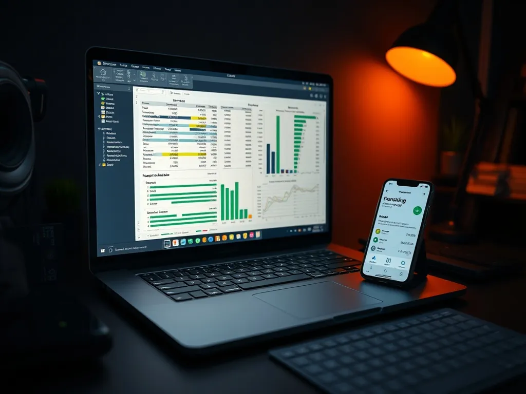 A high-tech workspace with a laptop showing complex financia